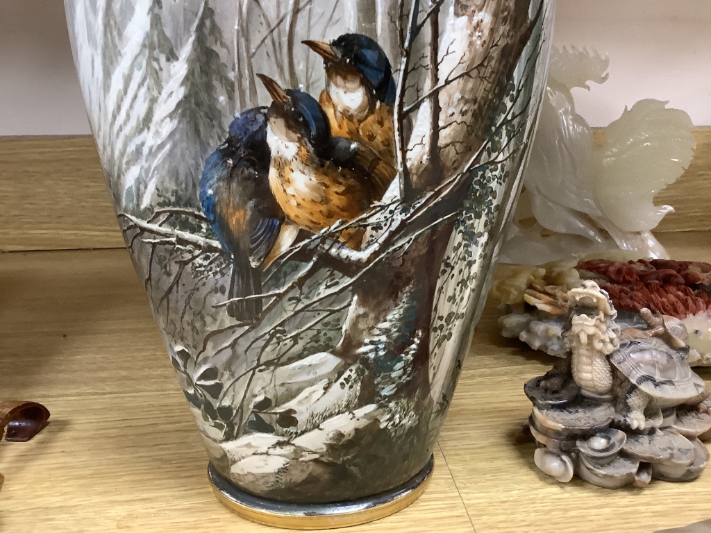 A pair of late 19th century French St Denis painted vases, decorated with birds in a landscape, signed by the artist, height 35cm